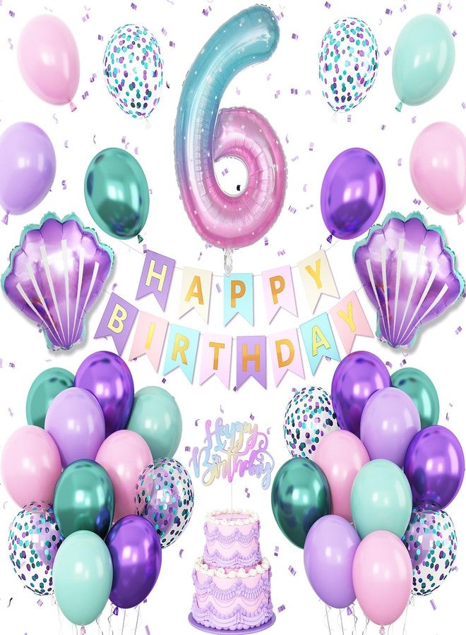 Vibzox 6th Mermaid Birthday Decoration for Girls,Pink Purple Green 6th Birthday Balloon Number 6 Seashell Foil Balloons Banner Mermaid Sea Party Decor Supplies for 6 Year Old - Image 1